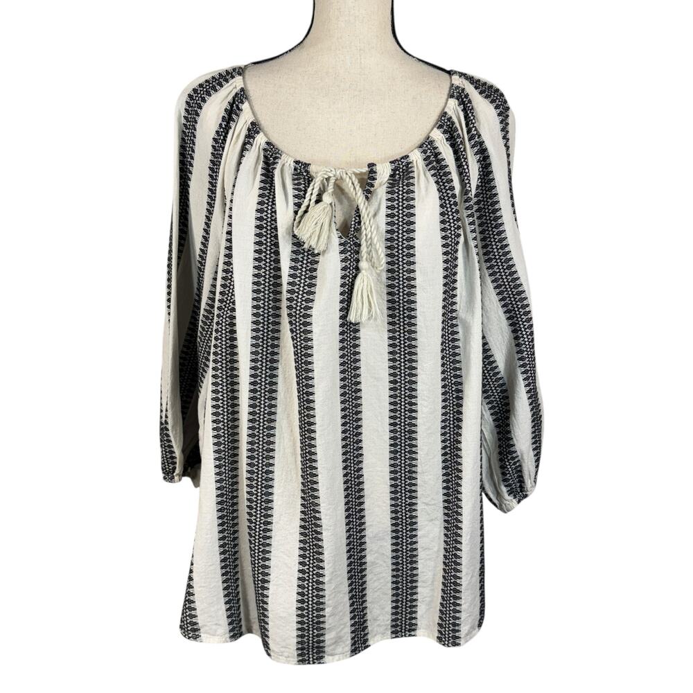 Lane Bryant SZ 18/20 Top Striped Keyhole 3/4 Balloon Sleeve Tie Tasseled Slits